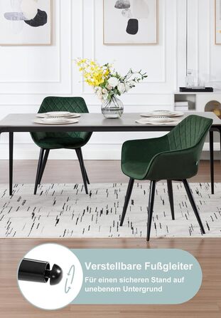 Набір з 2 стільців Woltu Esszimmerstühle: м'які крісла з підлокітниками для кухні, вітальні, обідньої кімнати, зелений велюр, металеві ніжки