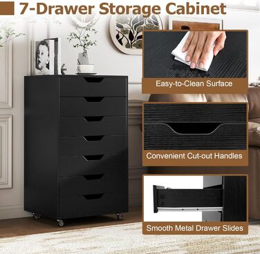 Роликовий контейнер GIANTEX з 5 висувними ящиками, офісний шафка для документів на колесах, тумба під стіл з дерева, стіл-принтер для дому та офісу (Білий, Чорний), 49 x 40 x 87 см