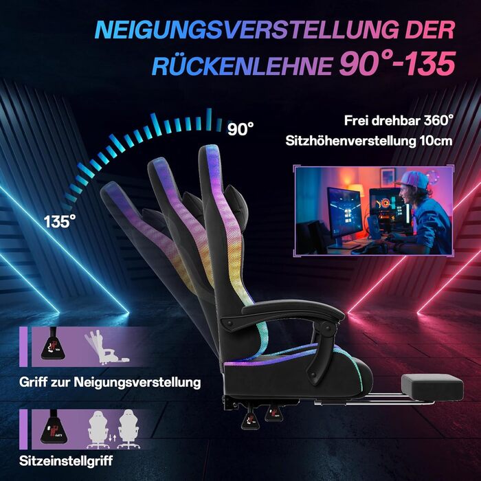 Ігровий крісло JUMMICO з тканини та LED підсвічуванням, ергономічний офісний стілець з масажем попереку та підставкою для ніг, регулювання 90°-135°, максимальне навантаження 150 кг, темно-сірий колір