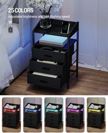 Набір приліжкових тумбочок Hzuaneri 2 шт. з LED-підсвічуванням, зарядкою USB та 3 висувними ящиками, для спальні/вітальні, чорний (NS35504B)