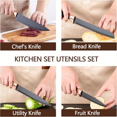 Набір кухонних ножів 19 в 1 з блоком, аксесуари для кухні та набір кухонних ножів, включає 11 шт. силіконових кухонних аксесуарів, 5 шт. гострих ножів з нержавіючої сталі, ножиці та дошку для нарізання (чорний)
