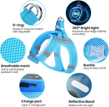 Нагрудна шлейка для собак зі світлодіодним підсвічуванням, заряджається від USB, світловідбиваюча, дихаюча, легка, синя M M