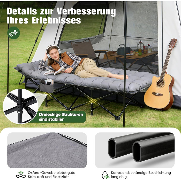 Розкладне ліжко для кемпінгу Sekey XXL (190x71x35 см) з матрацом, посилений сталевий каркас та тканина Oxford, сіре