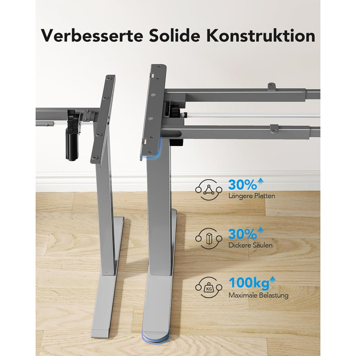 Регульований стіл-підставка HUANUO з безщітковим мотором, вантажопідйомність 100 кг, для стільниць 110x200 см (сірий)