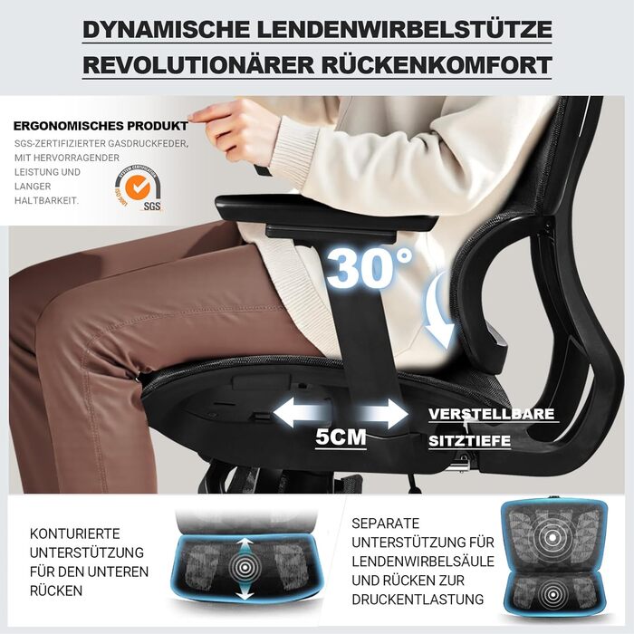 Ергономічне крісло для офісу, 4D підлокітники, регульована глибина сидіння, 4-ступеневий нахил, гумові колеса, сітчаста сидіння, висока спинка, для великих людей, Homeoffice & Gaming, ергономічне крісло для робочого столу (Чорний – з підставкою для ніг, с