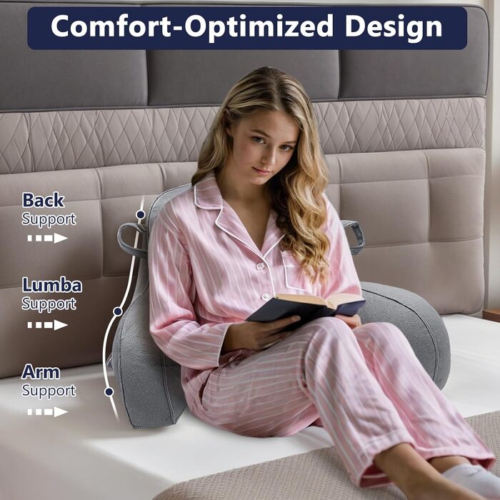 Лежак-крісло для читання, подушка для відпочинку в ліжку для дорослих та дітей, м'яка спинка з підлокітниками, кишенями та ручкою, сірий колір