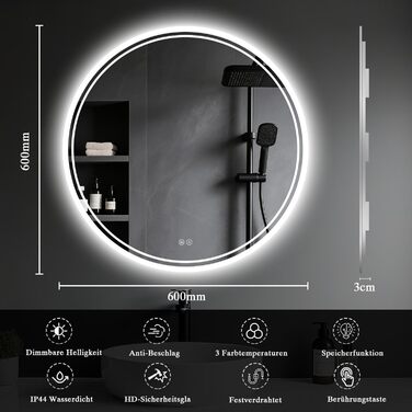 LED-дзеркало для ванної кімнати з підсвічуванням, кругле, 50 см, сенсорне керування, регулювання яскравості, функція пам'яті, дзеркало з HD-скла, захист від вибуху, запобігання запотіванню, 3 кольори світла, 60x60 см