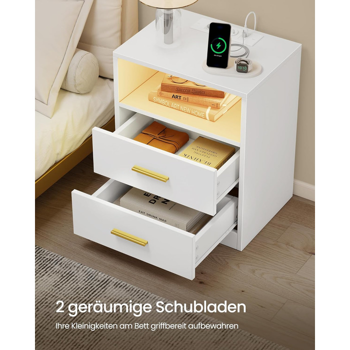 VASAGLE Custos: Набір з 2 тумбочок з LED-підсвіткою та зарядкою, білий, з шухлядами та USB-портами