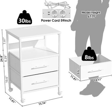 Тумбочка з портом для зарядки, 2 розетки змінного струму, 2 порти USB, універсальне колесо, металевий каркас, шухляди для тканини, 30x40x60см, білий