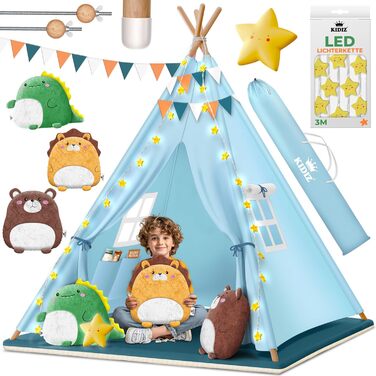 Дитячий намет KIDIZ Teepee 100x100x160см зі світлодіодом, декором та аксесуарами, для дому та вулиці (Синій)