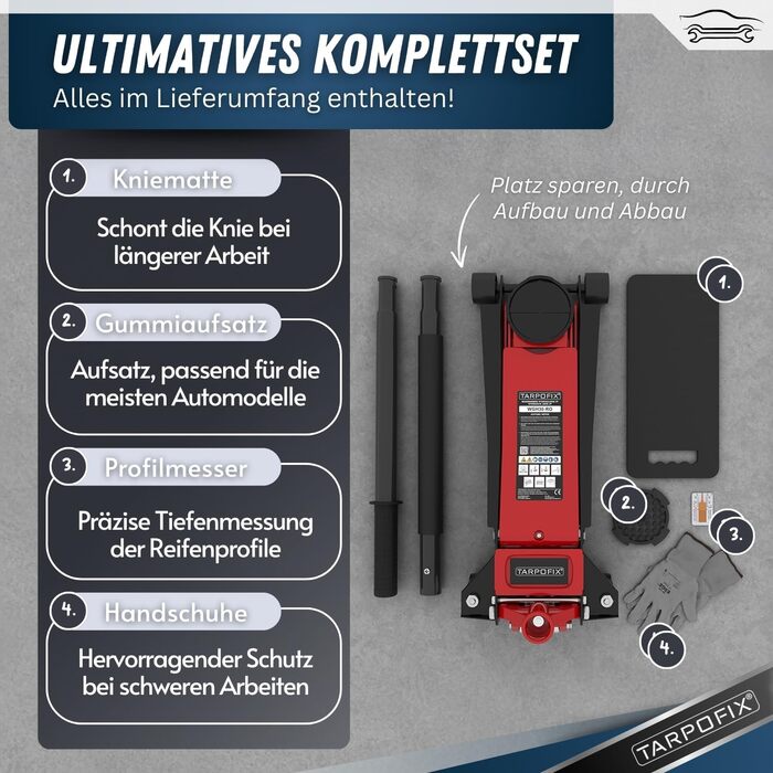 Гідравлічний домкрат Tarpofix® для легкових авто та SUV (3т, 85-475мм), низькопрофільний, подвійний циліндр, червоний