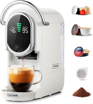 Кавомашина Magician1 Mini Kapselmaschine 5в1 для капсул Nespresso, Dolce Gusto, Lavazza A Modo Mio, ESE 44 та кавової гущі | 20 бар, 1450 Вт, LED-дисплей, 7 рівнів води | для дому та офісу (слонова кістка)