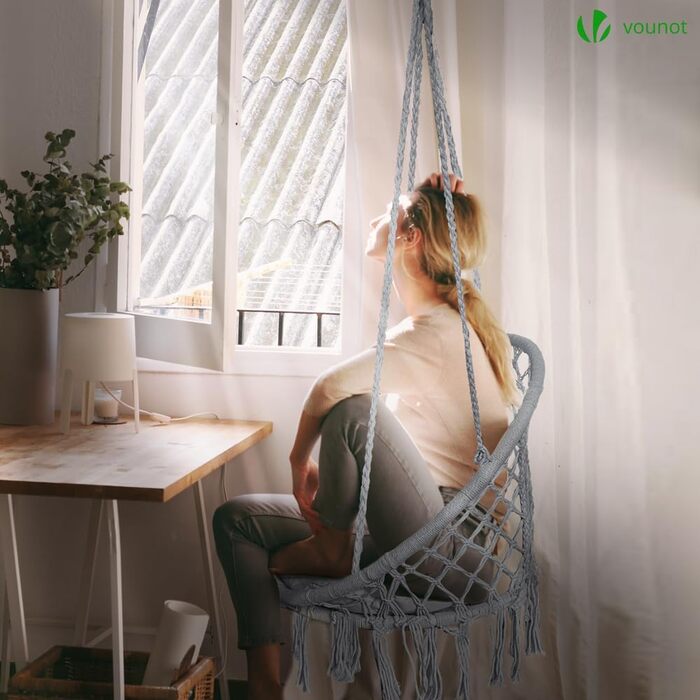 Підвісне крісло-гойдалка VOUNOT з полицею для книг та подушкою, для дому та саду, діаметр сидіння 80 см, X-Large, сірий колір