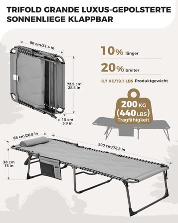 Лежак для відпочинку KingCamp великого розміру, складаний, 5 положень, для саду, кемпінгу, пляжу, з подушкою та кишенею, до 200 кг, 200 x 68 см, сірий