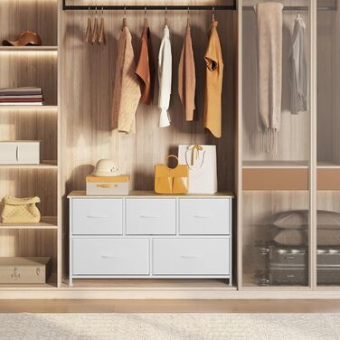 Комод WOLTU з 5 висувними ящиками з тканини, шафа-комод, тумба під TV, для вітальні, спальні, передпокою, з металевим каркасом та ДСП, білий, SSK005ws, білий, 5 тканинних ящиків