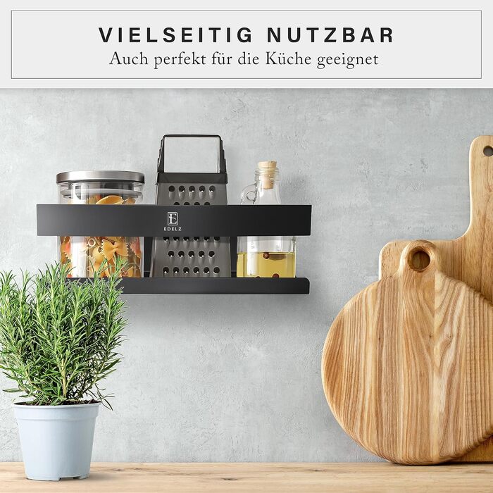 Поличка для душу Bad Duschablage без свердління - тримач для шампуню з нержавіючої сталі з оригінальними клейкими панелями 3M, 2 рухомі гачки, додатковий тримач для бритви (Чорний нержавіюча сталь)