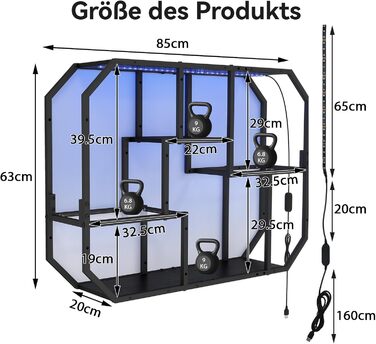 Підвісні полиці YU YUSING з RGB підсвічуванням 7 кольорів, геймерські полиці з 8 гачками, полиці для демонстрації, настінна вітрина з 2 скляними полицями, підвісна вітрина для спальні, кухні, бару, ігрової кімнати, шестигранна (чорний колір)