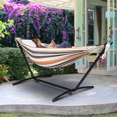 Двомісний гамак Carruzzo коричневий зі стійкою, витримує до 240 кг