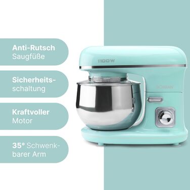 Кухонна машина Bomann 1100 Вт | Міксер для тіста 5л | З крюками для тіста, віночком та ножем для тіста | для 3 кг тіста | Міцне спеціальне редукторне передавання | Кухонний комбайн | Тестоміс KM 6030 CB (М'ятно-зелений)