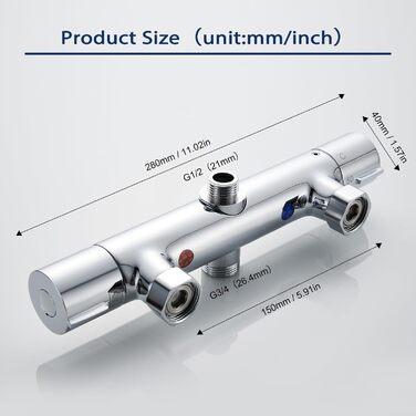 Змішувач для ванни з термостатом, накладний, хром, латунь, з кнопкою безпеки 38°C, для ванни, водопровідний кран, термостат для душу (2 отвори)
