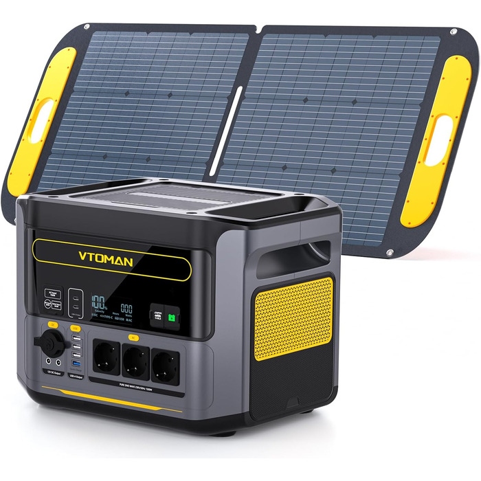 Портативна електростанція VTOMAN 1000W (2000W пік), 828Wh LiFePO4 з сонячною панеллю 110W, швидка зарядка 0-80% за 60 хв, розширювана до 2376Wh для надзвичайних ситуацій, кемпінгу, подорожей, автодому FS1000+110W-A