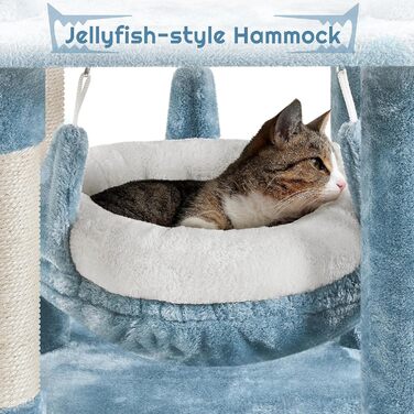 Кігтеточка для котів Yaheetech Sea Cat Tree 155 см, дизайн океану з котячою печерою у формі акулячої пащі Котяче ліжко Підвісний кошик платформа, стійке дерево для скелелазіння для котів, синьо-біле