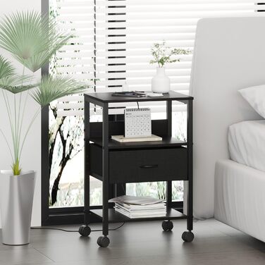 Нічний столик з бездротовою зарядкою, 2 розетки AC та 2 USB, з шухлядою, на колесах, чорний, білий