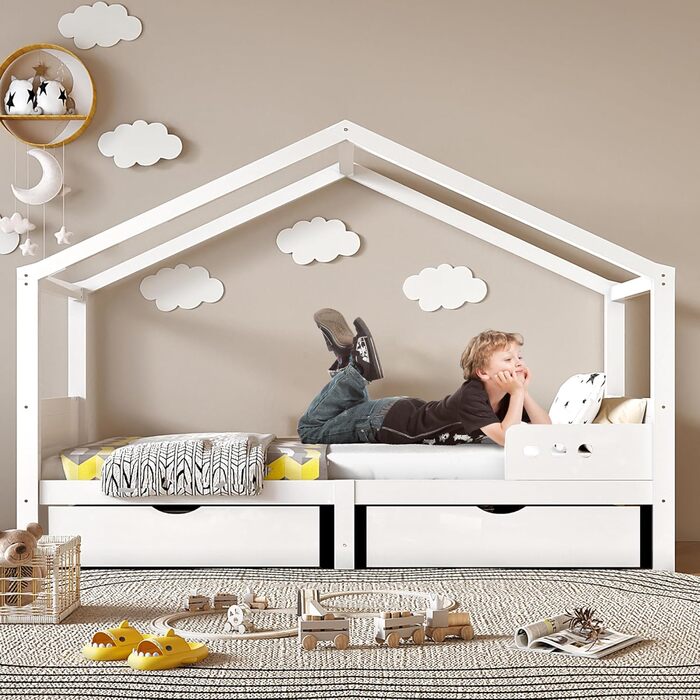 Двоспальне ліжко-хатинка для дітей 90x200 см з шухлядами, з натурального дерева (сосна), білий колір