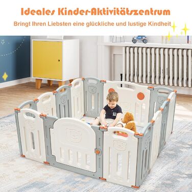 Дитячий манеж COSTWAY складний з 14 панелями, пластиковий манеж, манеж з дверцятами та іграшковою дошкою, захисні ворота для ігрової огорожі для немовлят і малюків (бежевий)