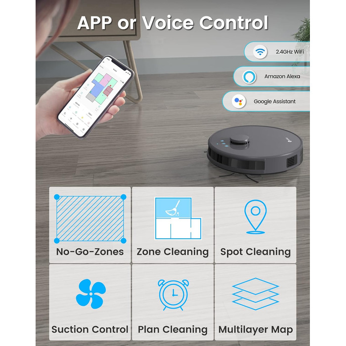 Робот-пилосос LEFANT M1B з функцією миття, лазерною навігацією ToF, уникненням перешкод, керуванням через додаток та Alexa, антизаплутуванням для шерсті тварин та килимів, білий
