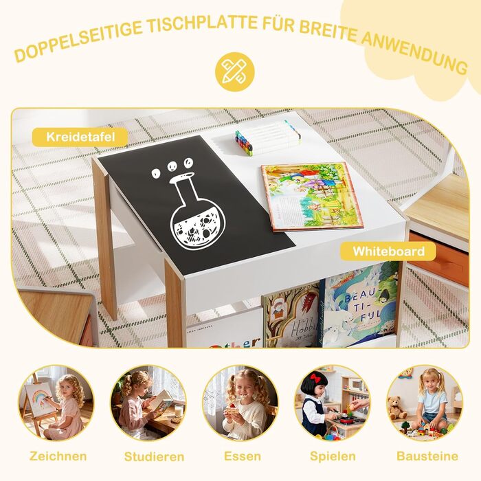 Детский стол со стульями COSTWAY 3 в 1, деревянный стол для рисования с ящиком, комплект детской мебели для детей от 3 лет, столешница с покрытием (Натуральный, Комбинированный)