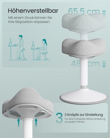SONGMICS Стілець-табурет для стоячи, регульована висота 48-65.5 см, обертовий, сірий, для офісу та дому (OSC018BH01)