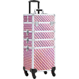 Косметичка-тролей Yaheetech 4-в-1, велика косметичка для макіяжу з замком, рожевий блискучий кейс для перукарів та візажистів з ящиком та колесами