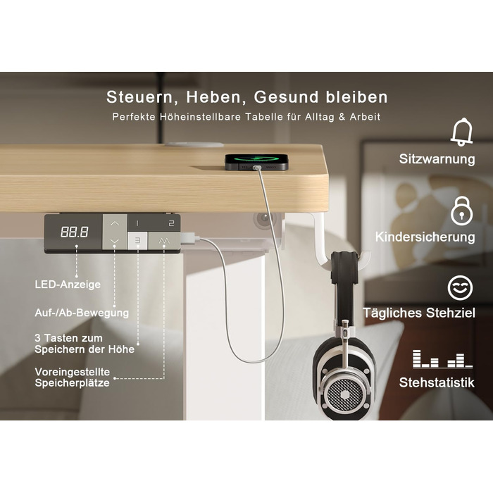 Електричний підйомний стіл Devoko 180x80 см, ергономічний комп'ютерний стіл для роботи сидя-стоячи з подвійним мотором, пам'яттю та USB-C (Дуб/Білий)