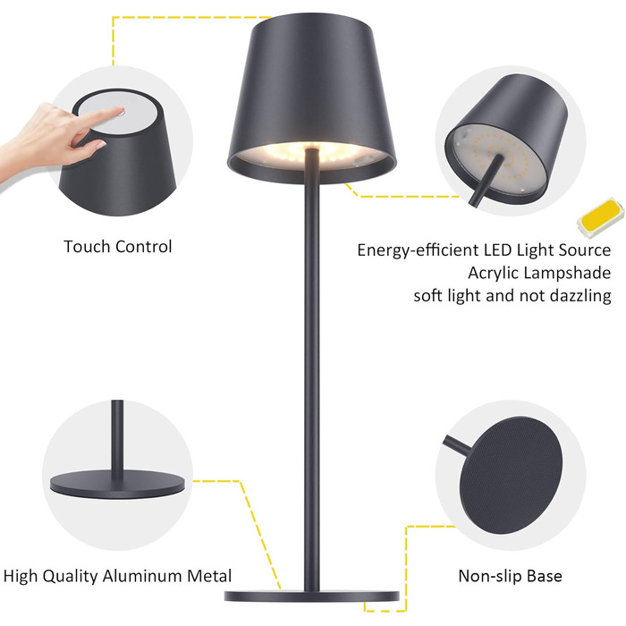 LED-лампа K-Bright: 4 шт., диммер, акумулятор, бездротова, 36.5 см, перезаряджувана, 2700K, тепле світло, USB-C, IP54, пісочний (антрацит)