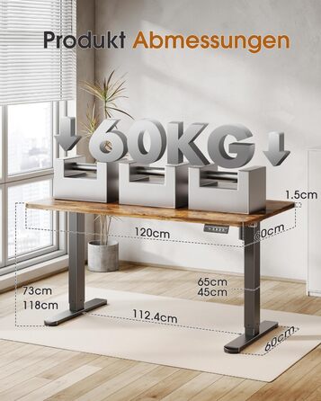 Регульований стіл 120x60 см з підставкою для монітора, електричний, ергономічний, стоячий, vintage brown