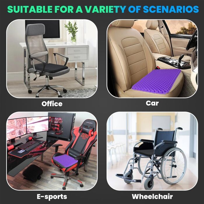 Ортопедична гелева подушка для сидіння на офісний стілець, автокрісло та візок — м'яка з протиковзким чохлом, фіолетова (43x39x4 см)