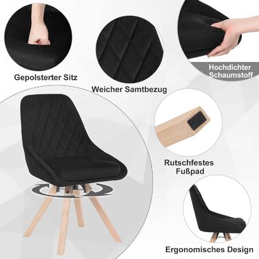 Набір обідніх стільців WOLTU (6 шт.) з м'яким оксамитовим сидінням, дерев'яними ніжками з бука, для кухні, вітальні, їдальні, до 150 кг, чорний колір