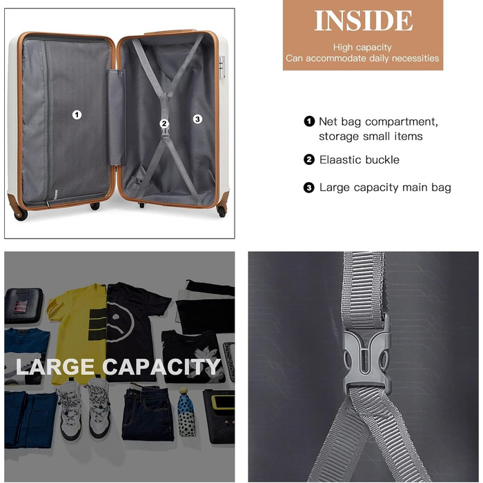 Чемодан-валіза KONO Trolley: легкий, з ABS-пластику, середній, 4 колеса, кремовий