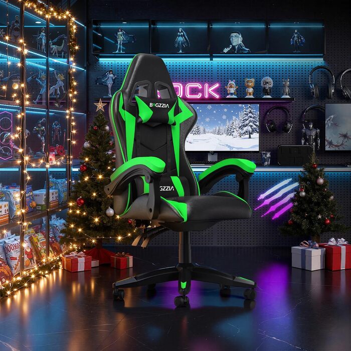 Ігровий крісло Bigzzia - ергономічне комп'ютерне крісло для геймерів з підголівником, RGB підсвічуванням, для підлітків та дорослих (чорно-зелене, без LED)
