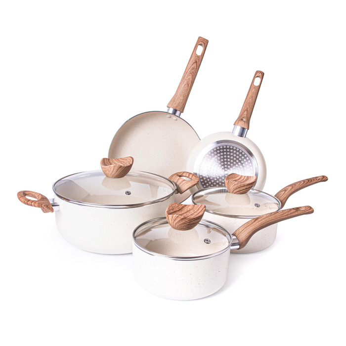 Набір каструль та сковорідок з антипригарним покриттям Nuovva - 8 предметів, кремовий граніт, для індукційних плит