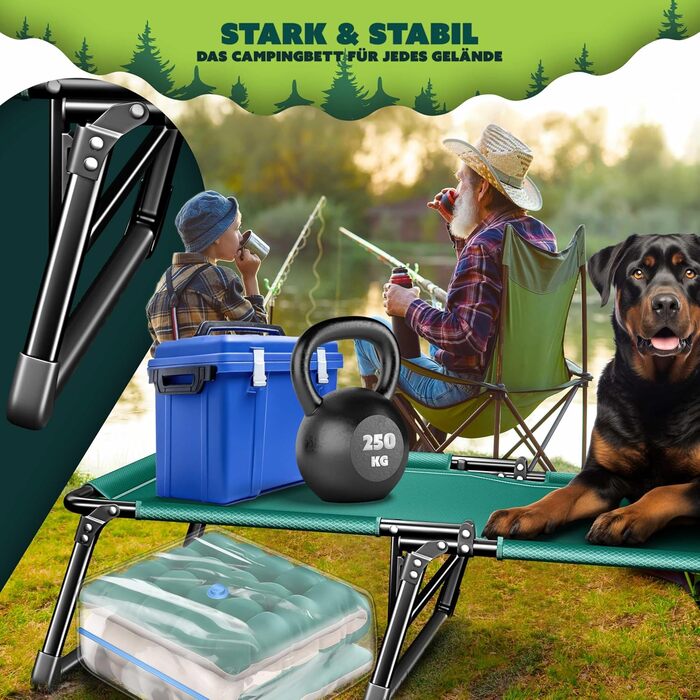 Розкладне кемпінгове ліжко KESSER з преміум-матрацом 190x68x30 см, польове ліжко до 250 кг з подушкою, кишенею та підстаканником, для відпочинку на природі та дому, колір Зелений/Тауп