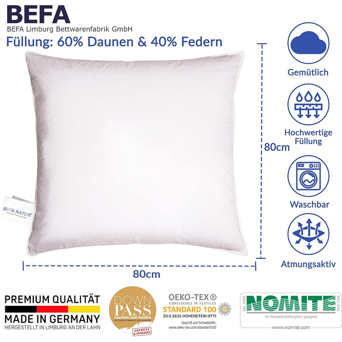 Подушка BEFA NATUR Made in Germany 80х80 см з 60 пухом і 40 пір'ям 1 класу, біла, вага наповнювача 900г. Підходить для алергії (номіт), даунпас (2 шт. и) 2 шт. и (упаковка )