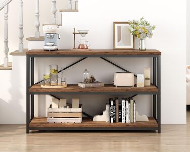 Низька полиця для книг IBF з 3 ярусами, індустріальний стиль, метал та дерево, 120x34x74 см, коричневий