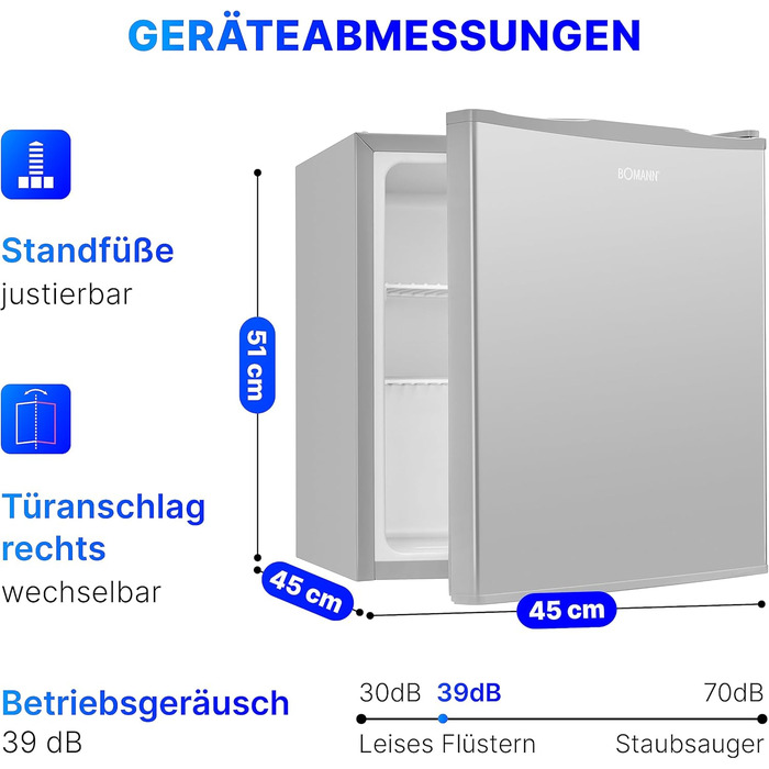 Міні-холодильник Bomann 42 л Тихий холодильник для напоїв для офісу, кемпінгу та ігор KB 7346 нержавіюча бахрома