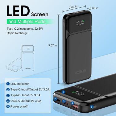 Швидка зарядка 22,5 Вт, вхід/вихід USB-C, PD 3.0 QC 4.0, LED-дисплей, чорний, 10000mAh