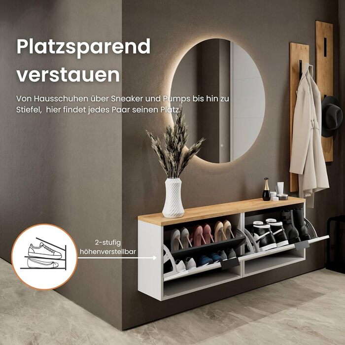 Взуттєва шафа Planetmöbel вузька з 6 полицями, комод для прихожей, коридору, гардеробу 60 x 23 x 118 см, білий сірий