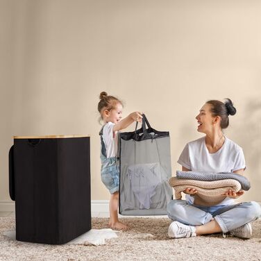 Кошик для білизни Rieeyrslza з кришкою 158 л з бамбука з 2 знімними мішками для білизни, Oxford, складний, для сортування, багатофункціональний, для ковдр та одягу (сірий) (чорний 145л)