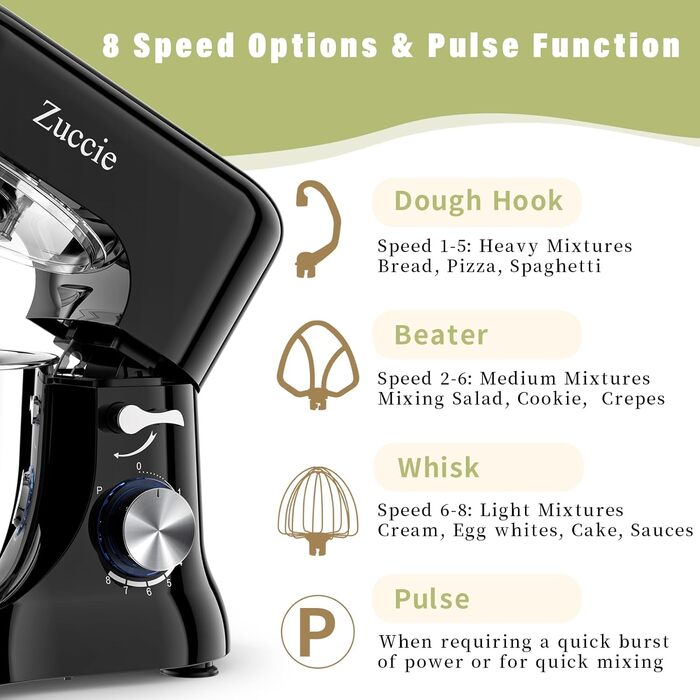 Кухонна машина Zuccie з тихою роботою, 5л чаша з нержавіючої сталі, 3 насадки, сплітц-захист, скребок для тіста та роздільник яєць, 8+P швидкості, для приготування тіста (білий/чорний)