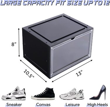 Коробка для взуття SINUOLIN, органайзер для зберігання взуття 2023, 6 упаковок, світлодіодний, прозорий пластиковий, складаний, бічний передній дисплей, складний контейнер для кросівок, підходить для взуття розміром до 12 (чорний) (коробка для взуття 6 шт